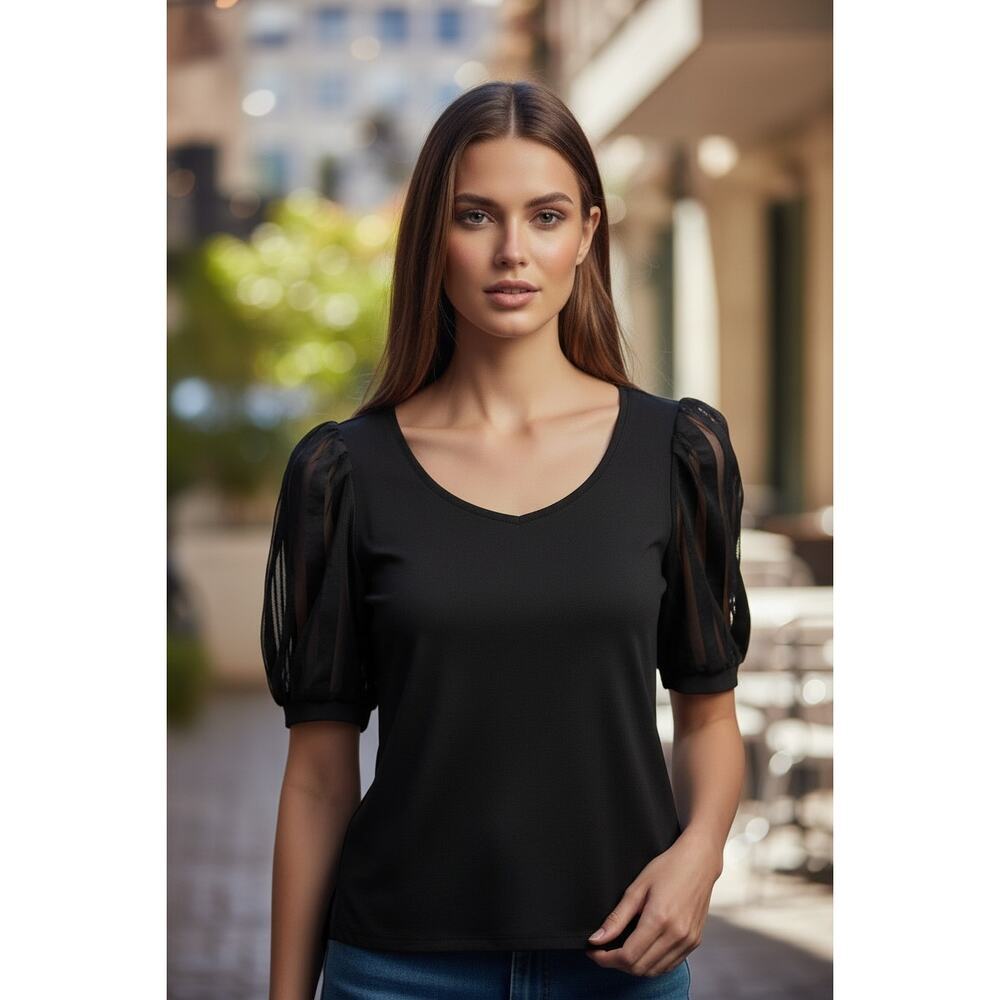 89th + Madison Black Puff Sleeve Blouse | Mesh Sleeves | Chic Dressy Top | M